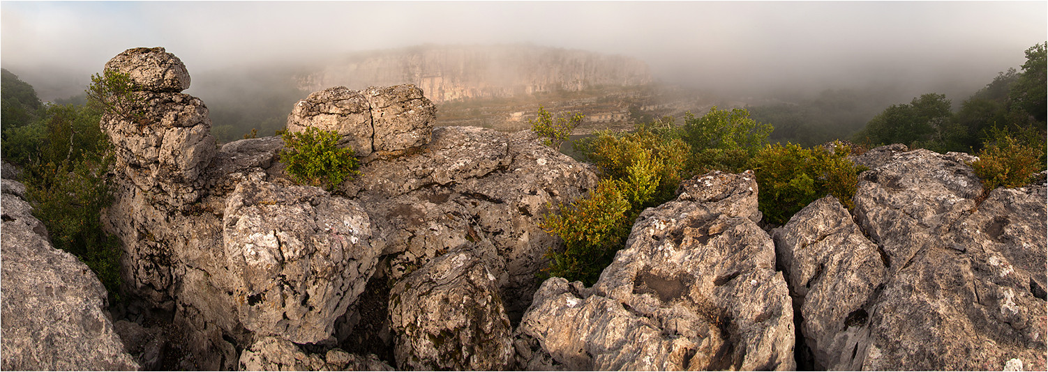 Morgennebel am Cirque de Gens, Chauzon, Dep. Ardèche, France, 19.06.2014