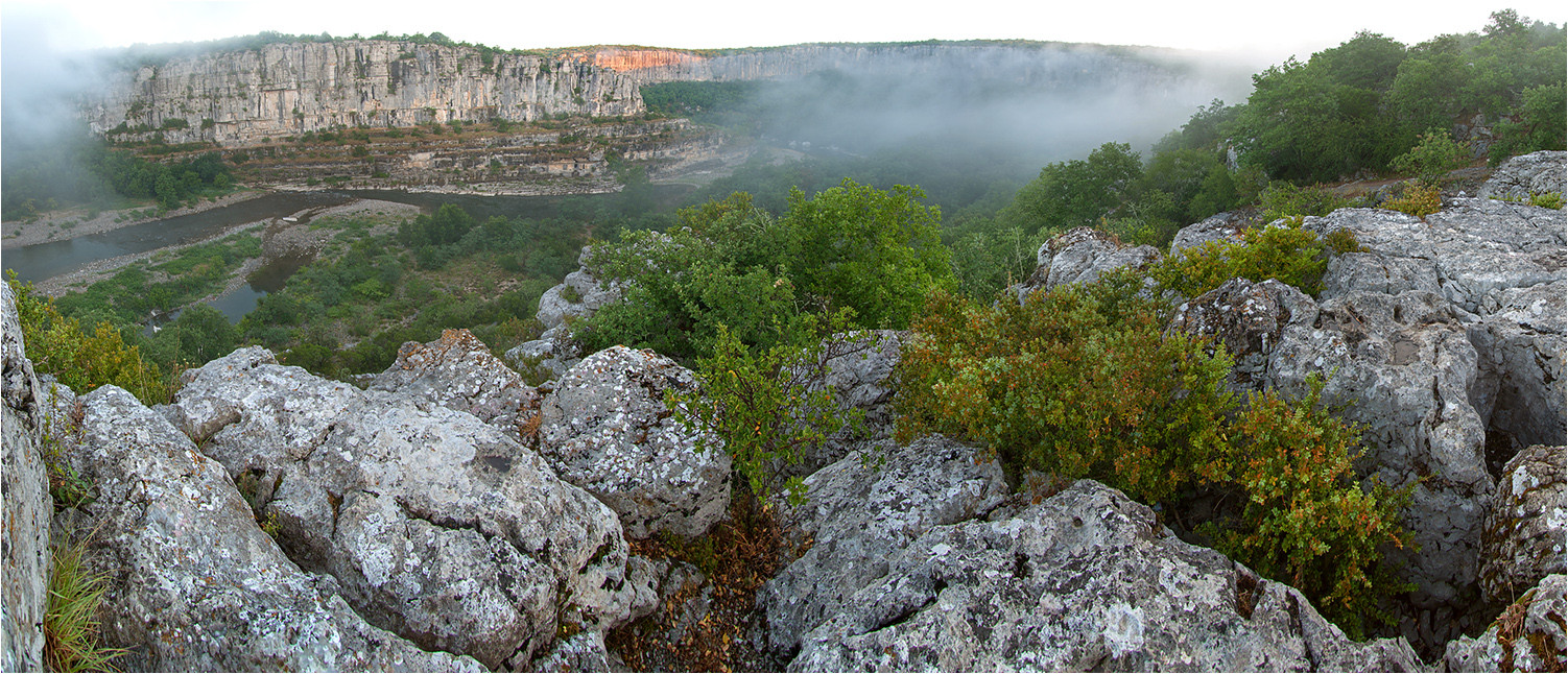 Morgennebel am Cirque de Gens, Chauzon, Dep. Ardèche, France, 19.06.2014