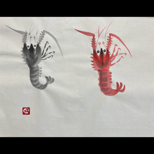 #sachi-studio　#sumi-e　#crustacean　#甲殻類　#shrimp　#海老　#エビ　#spiny lobster　#伊勢海老　#イセエビ
