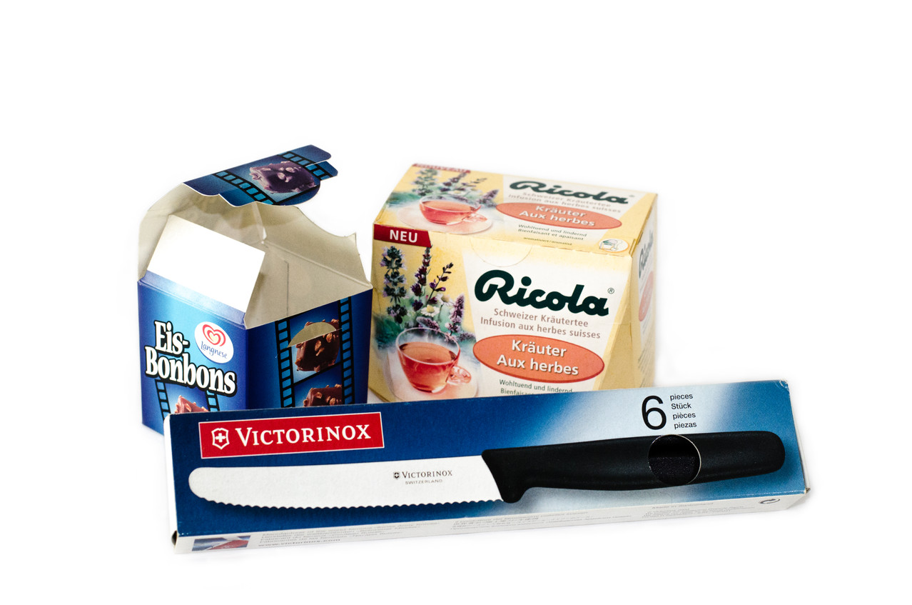 Langnese-,  Ricola- and Victorinox packaging