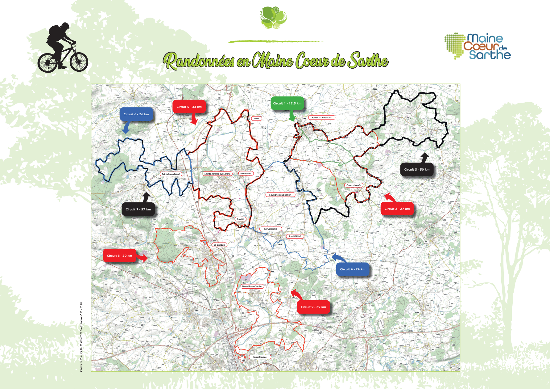 Carte des circuits VTT en Maine Coeur de Sarthe