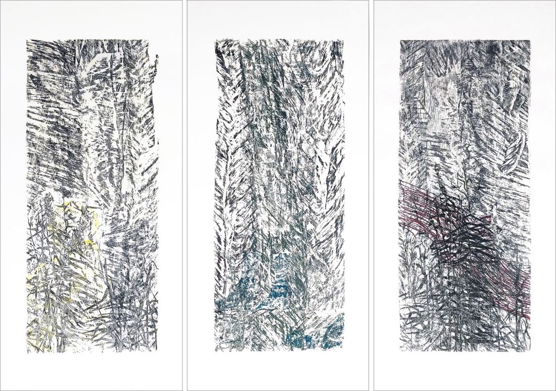 // 2024. Holz-/Linolschnitte, Material-/Transfer-/Stencildrucke. Jeweils 150 x 70 cm. Unikate