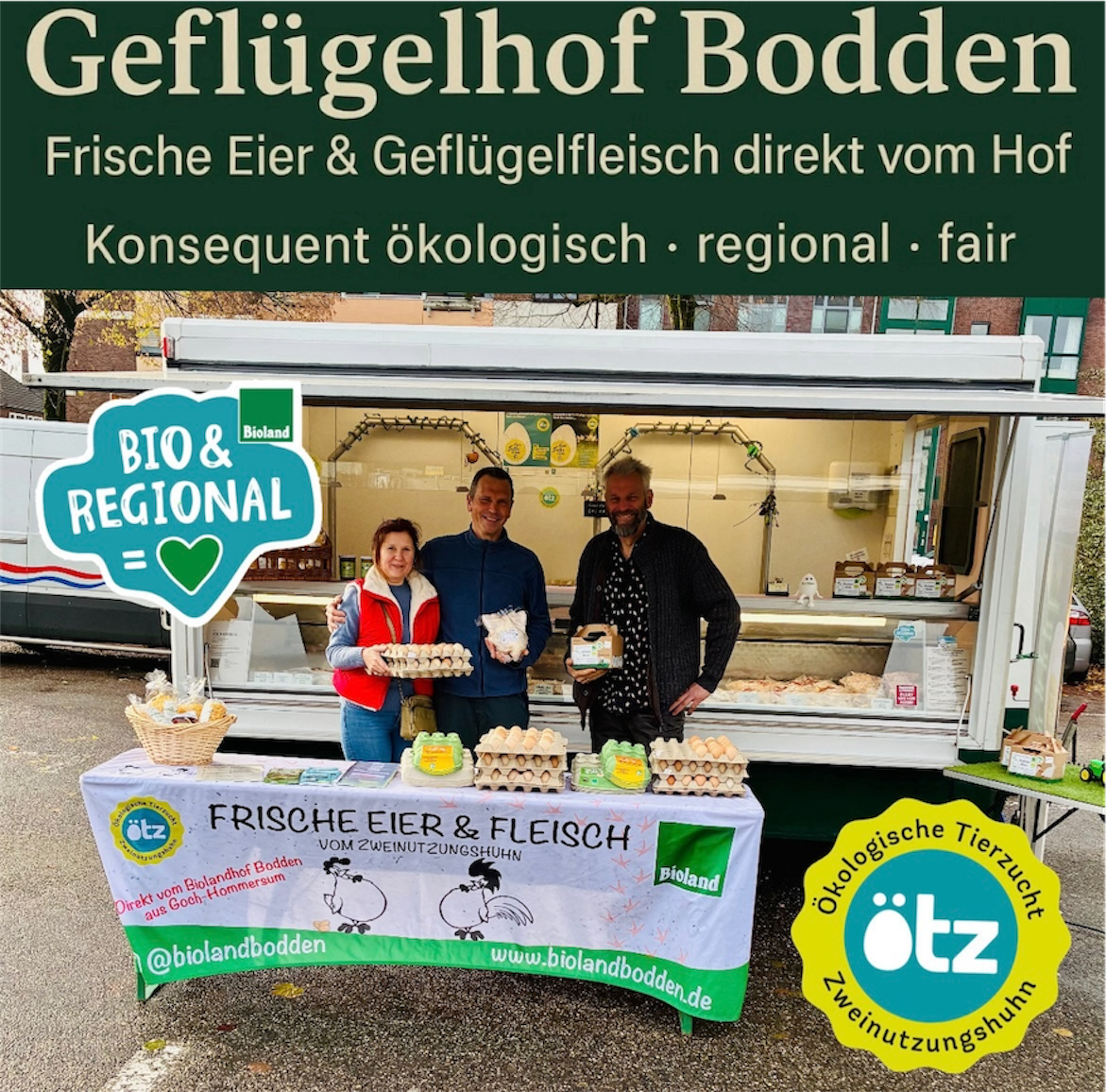 Donnerstags 12-17 Uhr (bei Feiertagen bereits mittwochs!)auf dem Riswicker Bauernmarkt in Kleve!