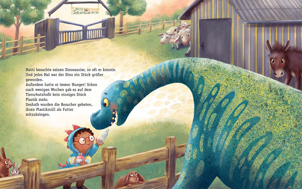 Der Recyclosaurus - ein ganz besonderer Dinosaurier - auf dem Tierschutzhof. "Der Recyclosaurus" Bilderbuch, CalmeMara-Verlag 2024