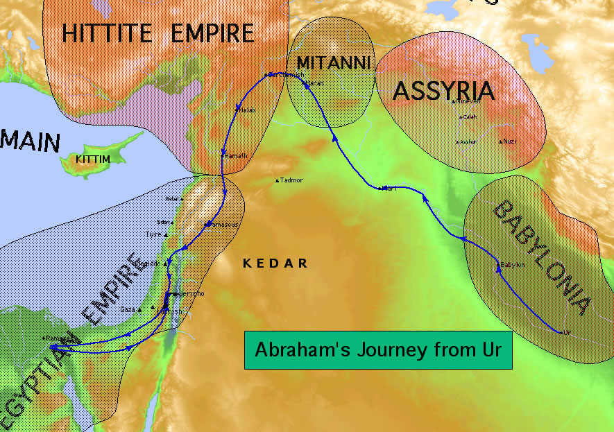 De reis van Abraham in kaart gebracht inclusief gebieden