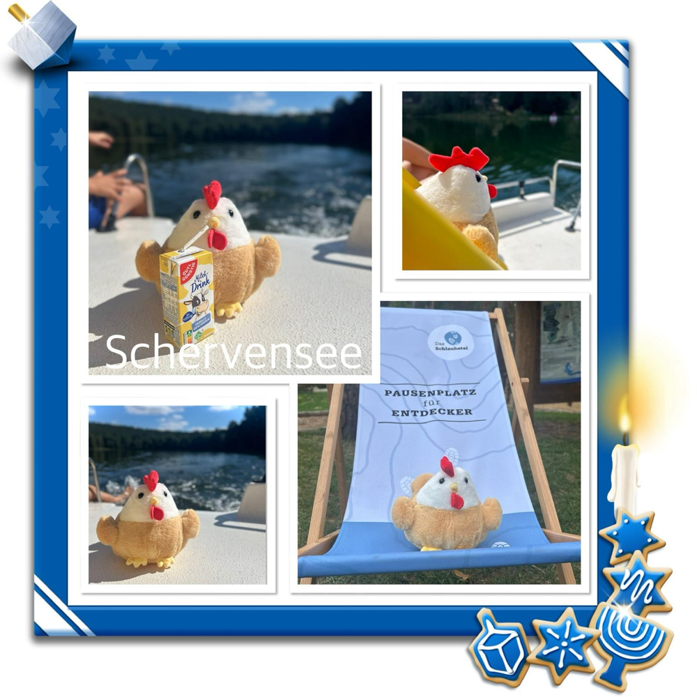 🐔🌞 Huhn Enriette genießt den Sommer am Schervensee – mal eine kleine Bootstour, mal entspannt im Liegestuhl mit kühlem Getränk. 🛶🍹🪑 Schöne Urlaubsgrüße vom See! 🌿💦 #CarMaonTour