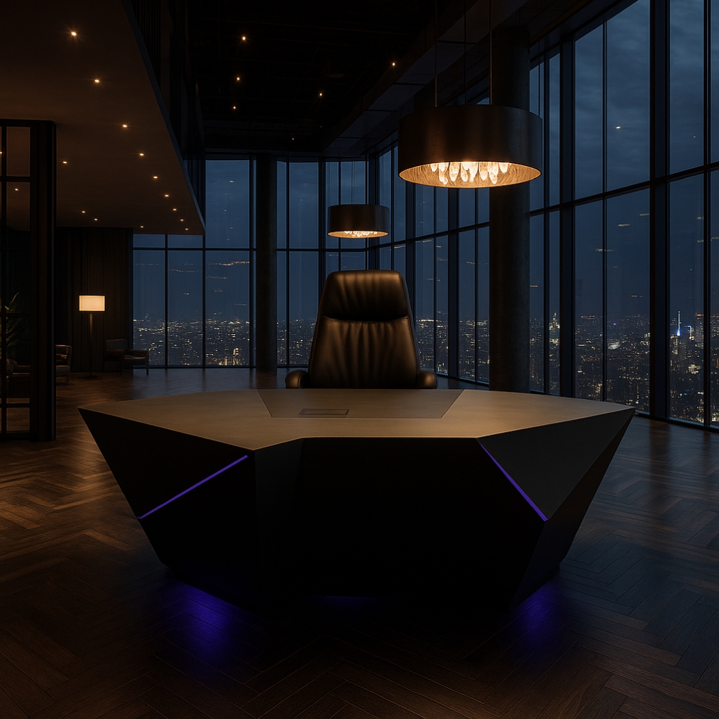 Luxus-Schriebtisch SAPHIR no.1 in einem luxuriösem Büro-Loft über der Skyline der Stadt