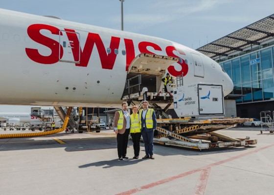Attending the loading of the first Airtainer (l > r): Eduard Seligman (Swiss Airtainer), Claudine Felber (B.P.L.), Lorenzo Stoll (Swiss Cargo) - courtesy Swiss WorldCargo