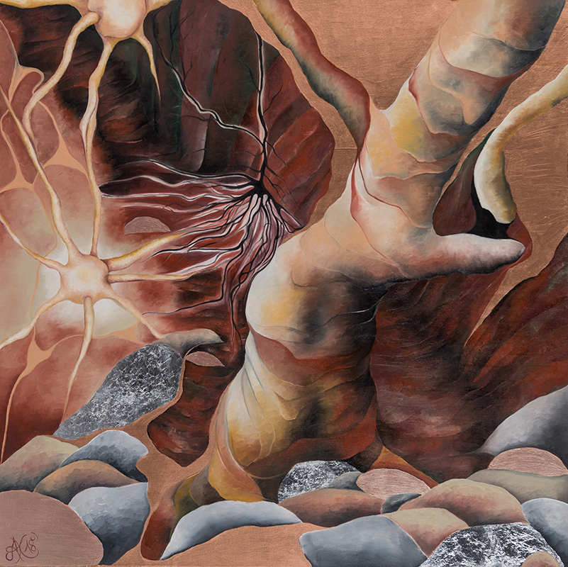 Synapse 2, Mischtechnik auf Leinwand, 100 x 100 cm, Serie Synapsen, 2018