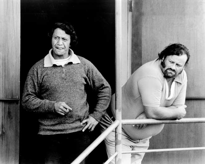 Tony Taurima and Colin Manson, union officials at the Ocean Beach freezing works in Southland, in 1984. There was a large number of Māori workers at the plant, as management had filled shortages with Māori staff from Northland and the East Coast (Te Ara).