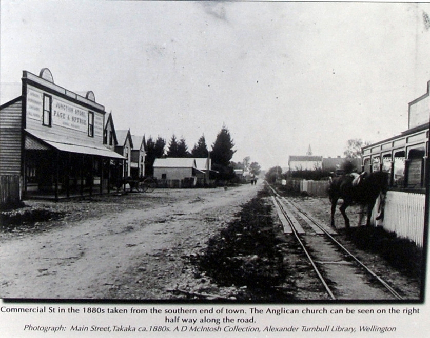 Takaka in the 1880s with rails for the East Takaka to Waitapu Tramway 1882-1905 (Takaka signage).