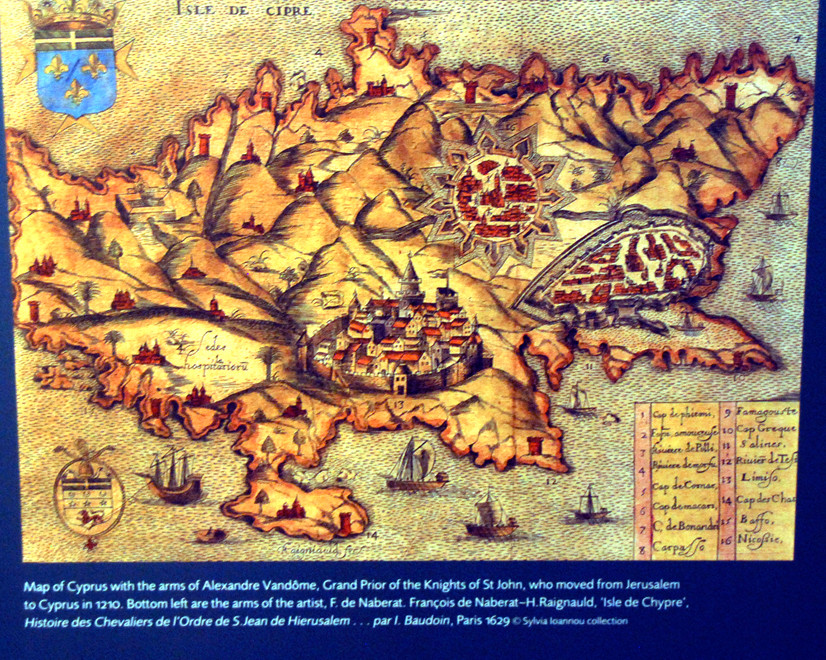 Map of Cyprus published in 1629 showing the Hospital of St John (reproduction in Ashmolean Museum, Oxford