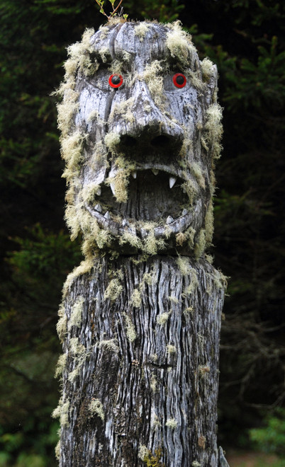 The other of the pair of splendidly lichen encrusted carvings on Back Road, Oban.