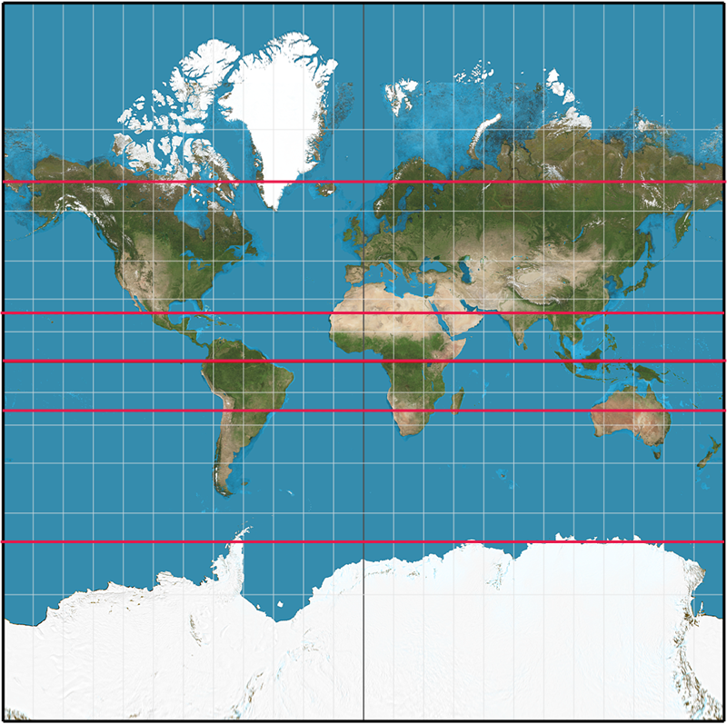 So little land beyond 35 degrees south: normal Mercator projection of the globe with equator, tropics and Arctic and Antarctic circles in red (WikiCommons)