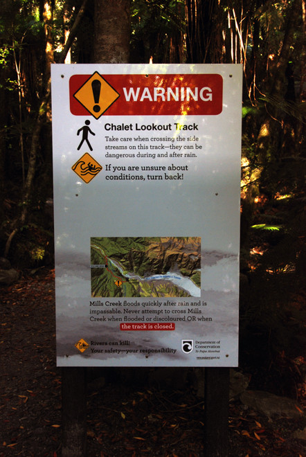 Flood warning sign on the Chalet Lookout Track, Fox Glacier.