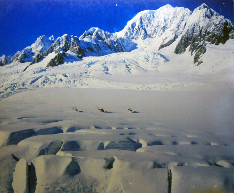 The extensive neve at 2,700m  of the Fox Glacier beneath Mt Tasman.