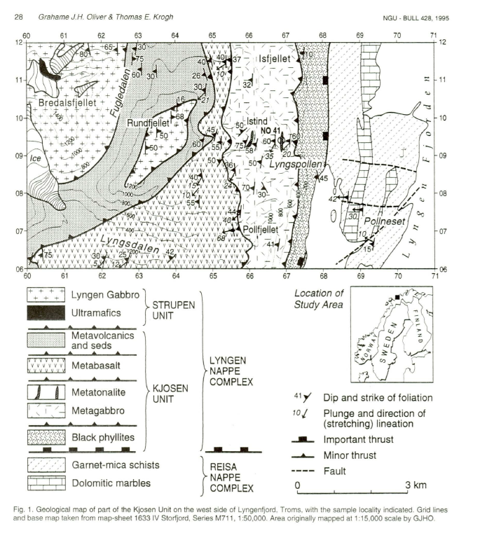 Detailed mapping of the Kjosen Unit of the Lyngen Nappe Complex by Oliver and Krogh, 1995. 