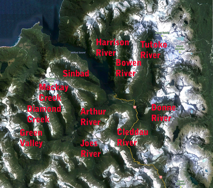 The inter-connected glacial valley system of Milford Sound (Google Earth with labels added).