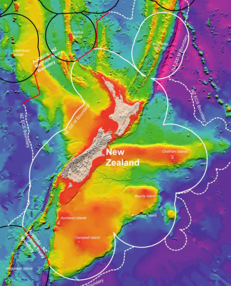 New Zealand Exclusive Economic Zone of 4 million sq/km (white line) and islands and island groups (Te Ara: NZ EEZ).