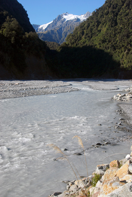 The Waiho River which drains the Franz Josef Glacier and the mouth to the Callery Gorge, a tributary that presents a dam-burst flood hazard with a 2% annual probability.