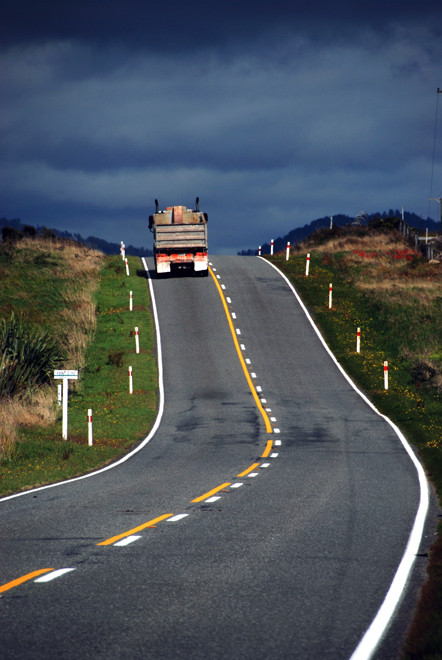 Truck on State Highway 6 heading for Whataroa.