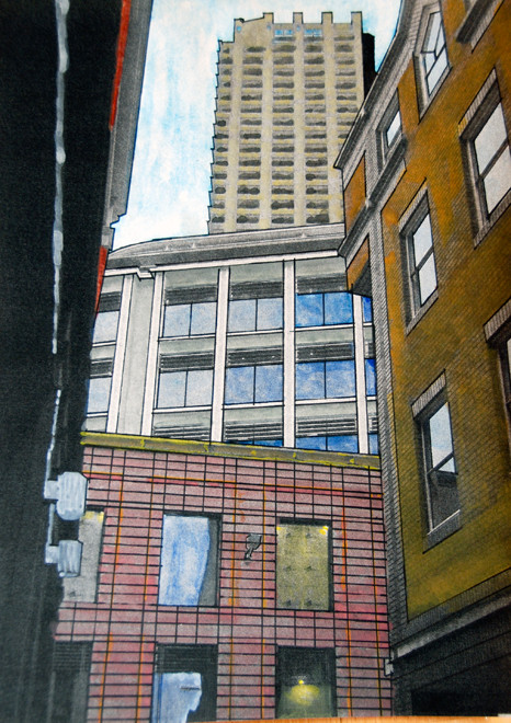 City windows and Lauderdale Tower, Barbican from  Middle Street 2006 (Watercolour and digital print) (28x20) FErgus Murray