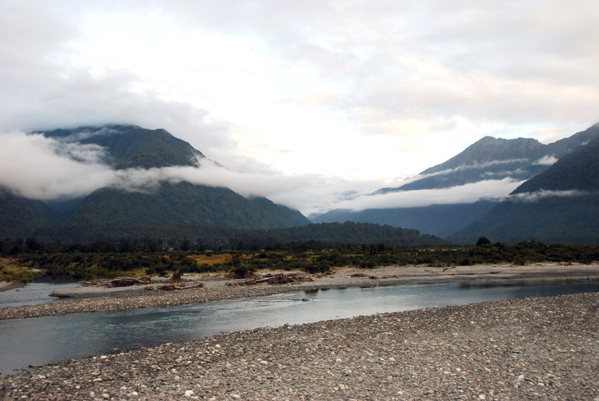 Crossing the Whakapohai River on the road between Haast and Fox Glacier on the West Coast of New Zealand.