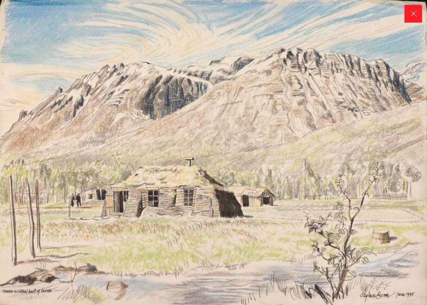 'Houses in Kitdal built of turves' Stephen Bone, British War Artist, June 1945 (© IWM http://www.iwm.org.uk/collections/item/object/3236). Presumably the houses - note heating - of local Norwegian/Sami residents.