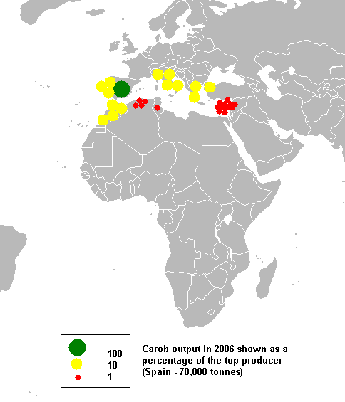 Mediterranean carob production where Spain is the biggest producer followed by Italy, Morocco, Portugal and Greece (c) Anwar saadat at en.wikipedia.