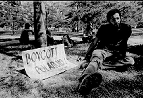 Photograph from the early 1970s of Ken Williams of the Polaroid Revolutionary Workers Movement that exposed Polaroid product links with the Apartheid regime in South Africa. He was fired by Polaroid in 1971 (click for African Archivist link).