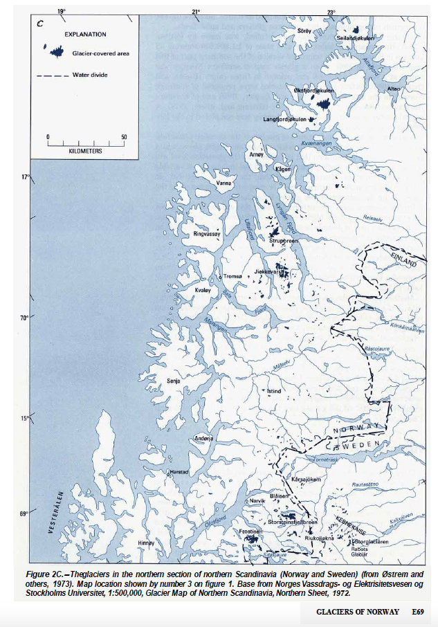 Distribution of glaciers in Troms and Finnmark, Norway. (From Østrem, G. and Haakensen, N., Glaciers of Norway, US Geological Survey Professional Paper.)