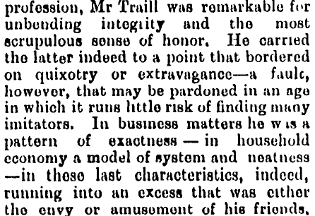 Extract from the obituary of Charles Traill (1826-1891) of Ulva Island in the Southland Times of 8 December 1891 (click for link to full obituary).