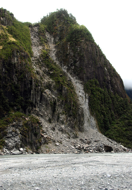 Rockfall scars on Cone Rock in the lower Fox Glacier valley