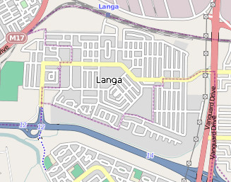 Langa township established in the 1920s using a design allowing maximum visibility of residents and a supervisor controlling visitors and gatherings (Map courtesy Wikipedia: Langa)