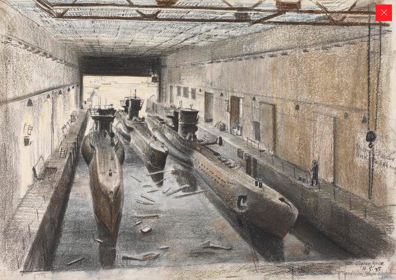 Trondheim: the interior of a submarine pen, Stephen Bone, British War Artist, 1945 © IWM (http://www.iwm.org.uk/collections/item/object/3226). 