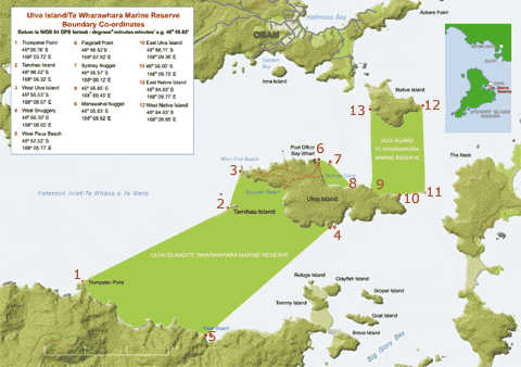 The Ulva Island/Te Wharawhara Marine Reserve that protects much of Ulva Island's shoreline and sea in the middle of Paterson Inlet, Stewart Island (DOC map).. 