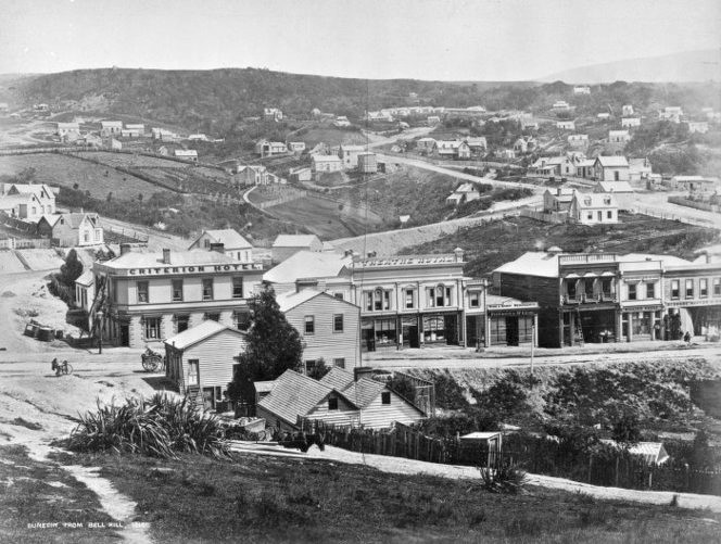 Looking across Princess Street Dunedin in 1864 (William  Meluish Photographer) Ref: 1/2-004373-F. Alexander Turnbull Library, Wellington, 