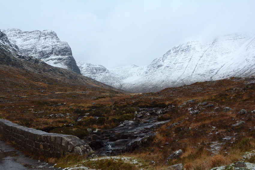 The Bealach na Ba at the Russel Burn with Na Ciochan and  Beinn Bann (896m), 13/12/14.