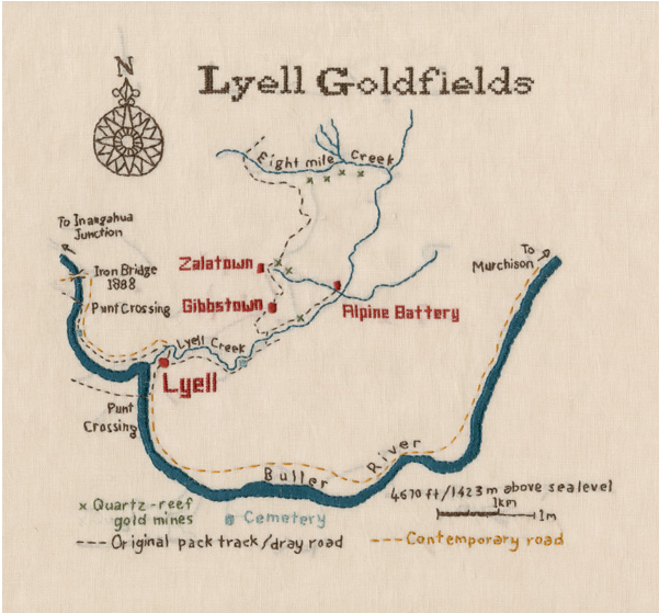 Embroidered map of the Lyell Goalfied. Part of an exhibition on the West Coast's abandoned gold towns, Notown,  by New Zealand artist, Caroline McQuarrie (click for link)