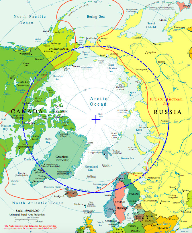 The Arctic Circle showing the northerly position of Tromsø compared with other Arctic towns and showing 10 degree July isomtherm. (CIA World Fact Book via Wikimedia Commons). 