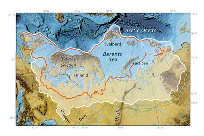 The Ice Sheet from the Last Glacial Maximum (20,000BP) (red line) and the maximum for the penultimate (Saalian) glaciation (white line). Note the ice sheet cannot extend over deep ocean (500-600m) and at this point calve icebergs (Making Land p.484).