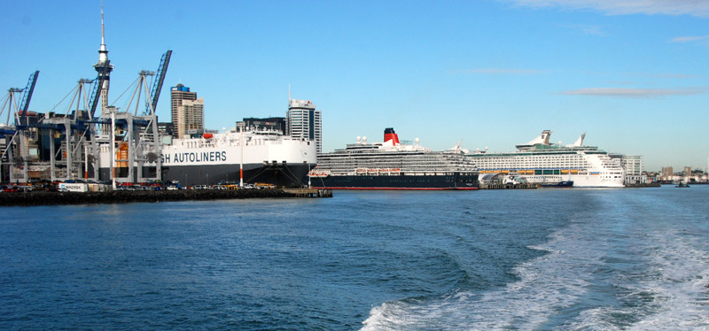 The container terminal and cruise berths at Auckland Harbour. 