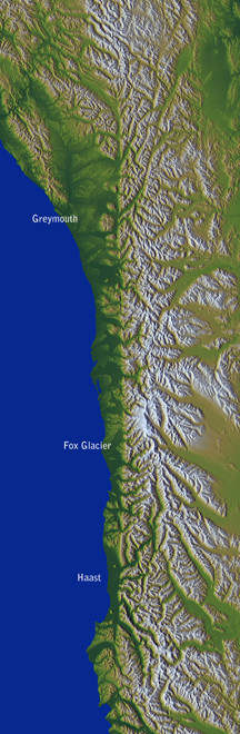 Shaded and colored image from the Shuttle Radar Topography Mission elevation model of New Zealand's Alpine Fault -with names added (WikiCommons: NASA/JPL/NGA)