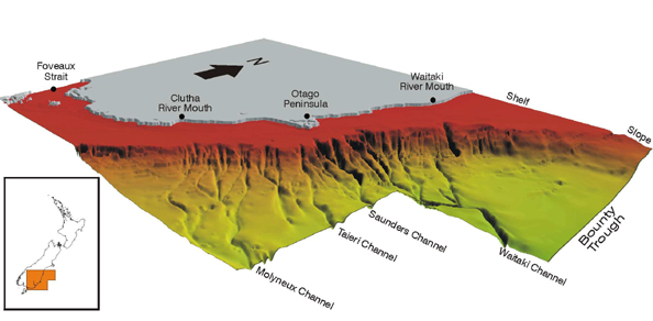 Continental margin outlining the main lowstand conduits to the Bounty Trough: the Clutha/Mata-Au formed the Molyneux Channel (Fulthorpe et al. (1999) MARGINS: NEW ZEALAND FOCUS AREA)