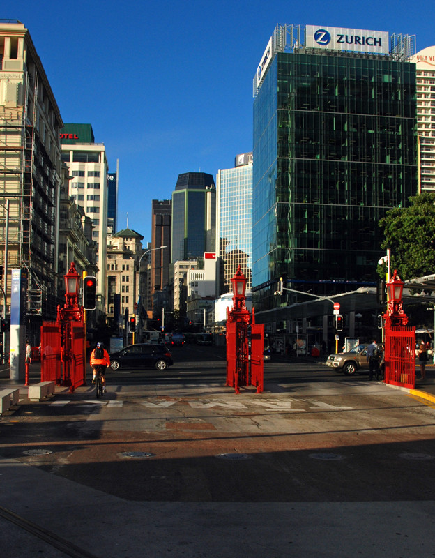 From the Auckland Port Authority gates looking up Queen Street into the hearto of the Auckland CBD. 