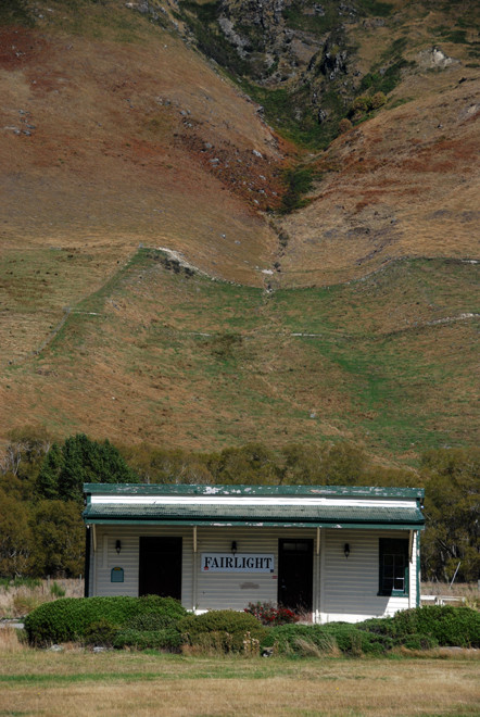 Fairlight Station near the southern end of Lake Wakatipu. The Kingston branch line - originally built with wooden rails - linked Invercargill to Queenstown via a steamer service on the lake.