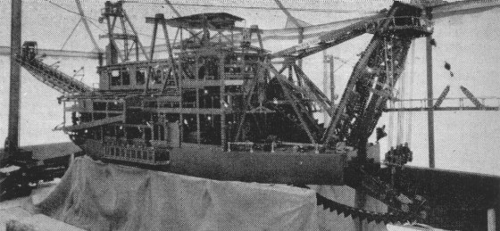 The nearly completed Meccano dredger pictured in the Meccano Magazine in 1957 (click for link)