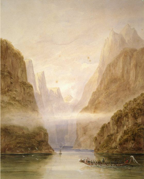 'Entering Milford Sound in H M Acheron' (1850) Frederick Evans, 1815-1885 (Turnbull Library - click for link). The addition of the waka is thought to be fanciful.