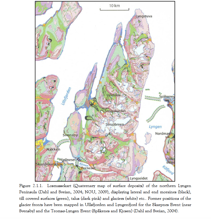 From Greig, D., (2011) Moraine chronology and deglaciation of the northern Lyngen Peninsula, Troms, Norway. Masters Thesis in Geology, University of Tromsø.