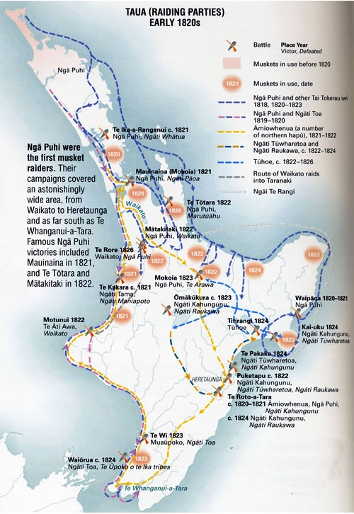 The main battles of the Musket Wars 1818-30s in New Zealand (from NZHistoryNet click for link).